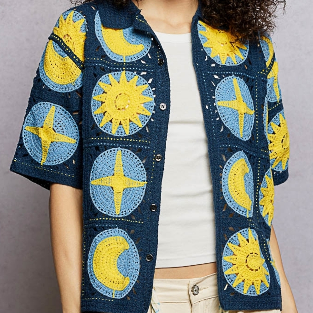POL Celestial Crochet Patchwork Button-Up Shirt S… - image 8
